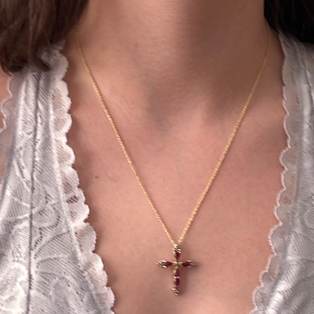 Ruby & Diamond Cross Pendant Necklace